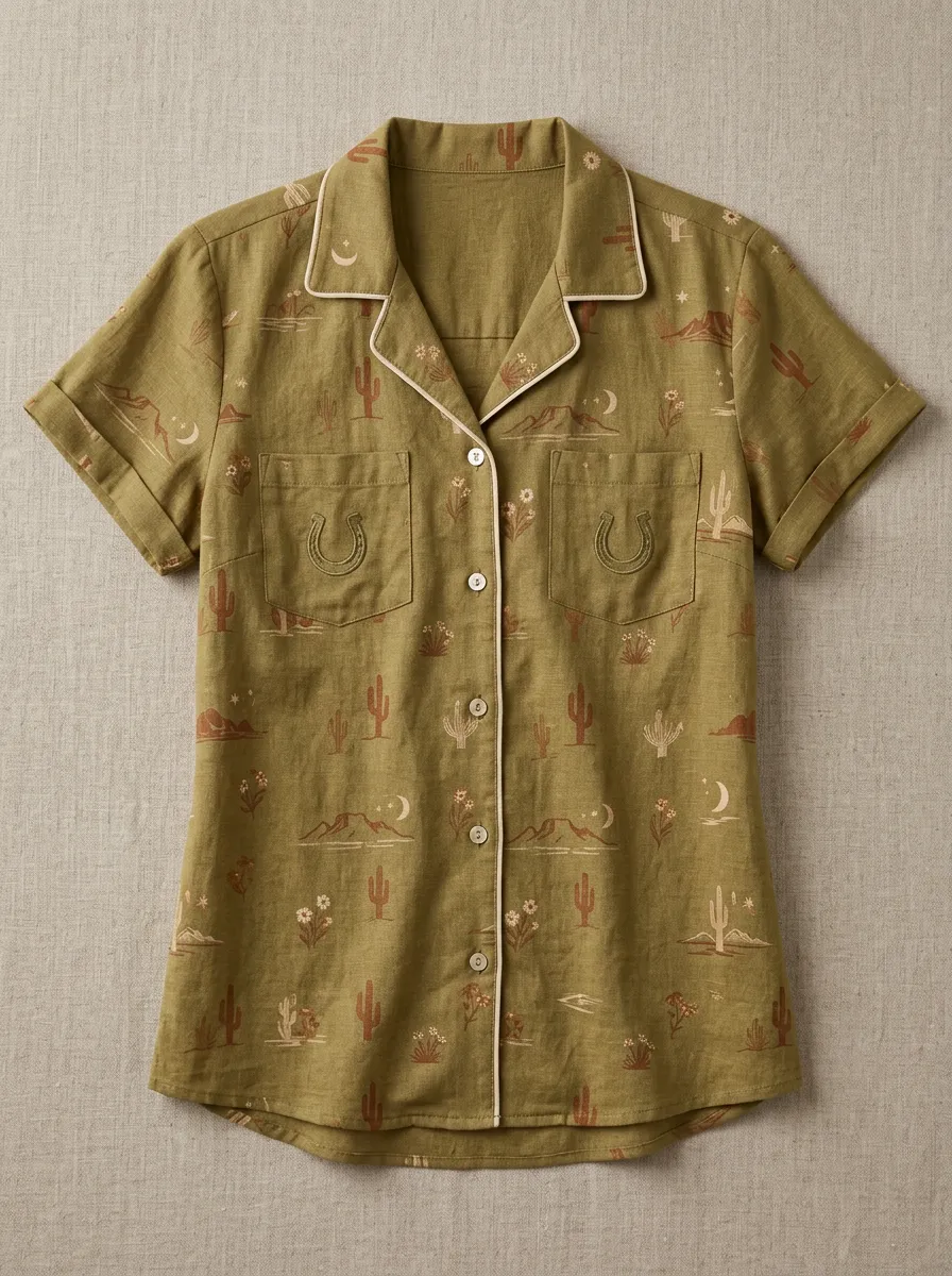 Women's Western Olive Desert Print Camp Collar Shirt