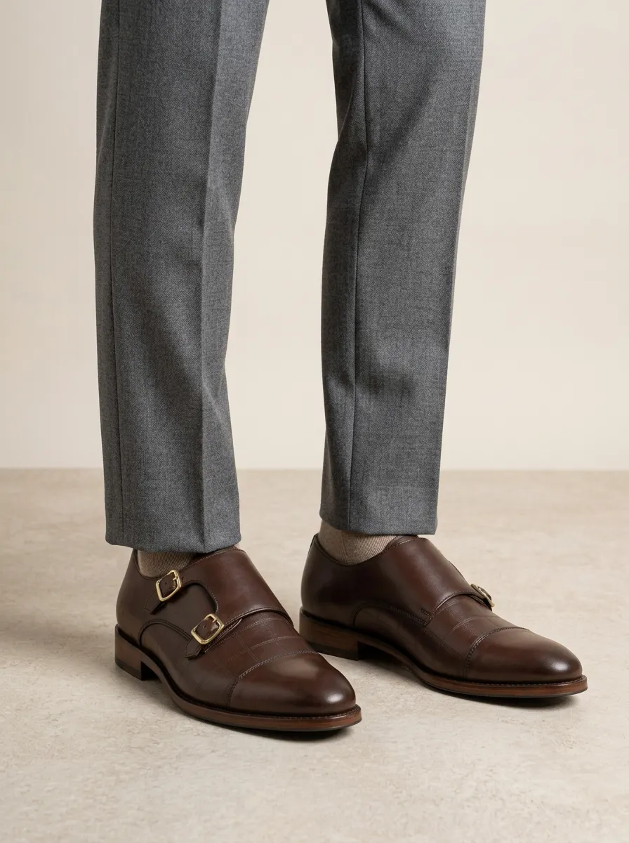 Men's Business Formal Checkered Double Monk Strap Leather Shoes