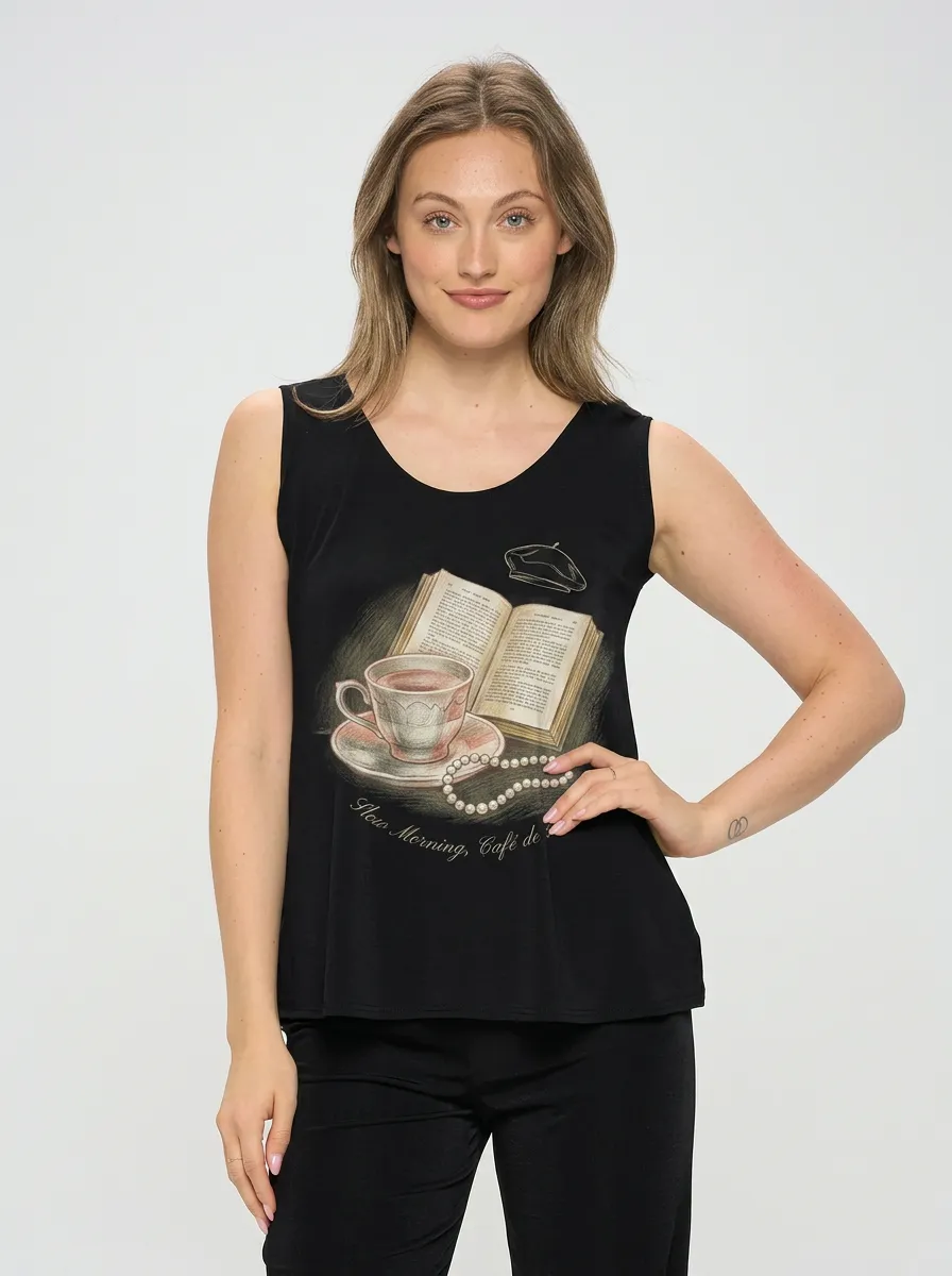 Women's Book Coffee Lover Beret Pearl Printed Tank Top