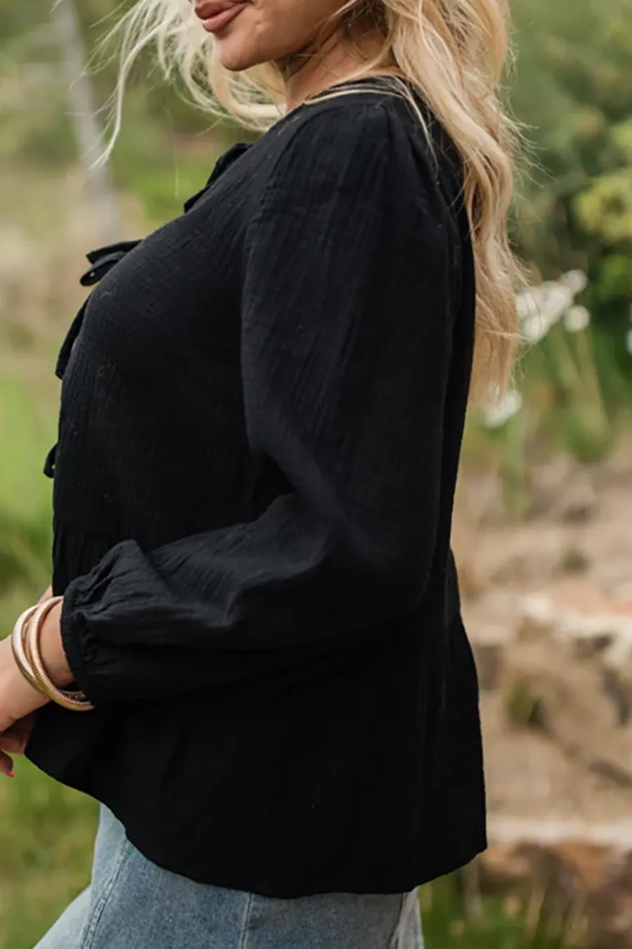 Casual Style Black Bow Detail Blouse