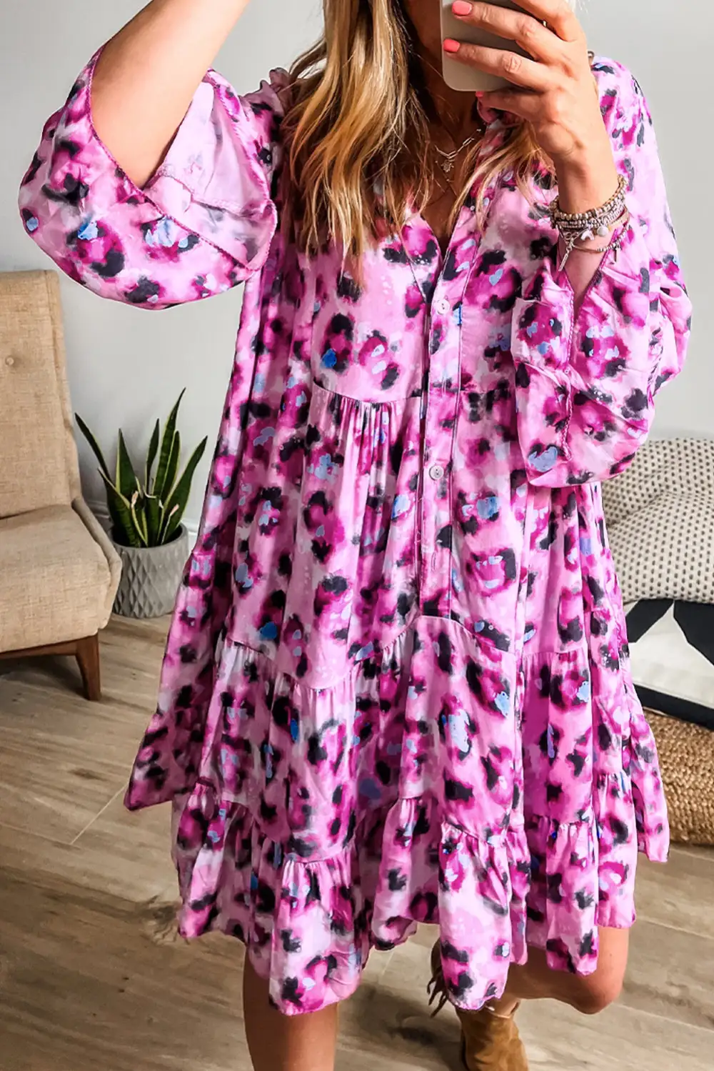 Studio Animal Print Ruffle Trim Tiered Mini Dress