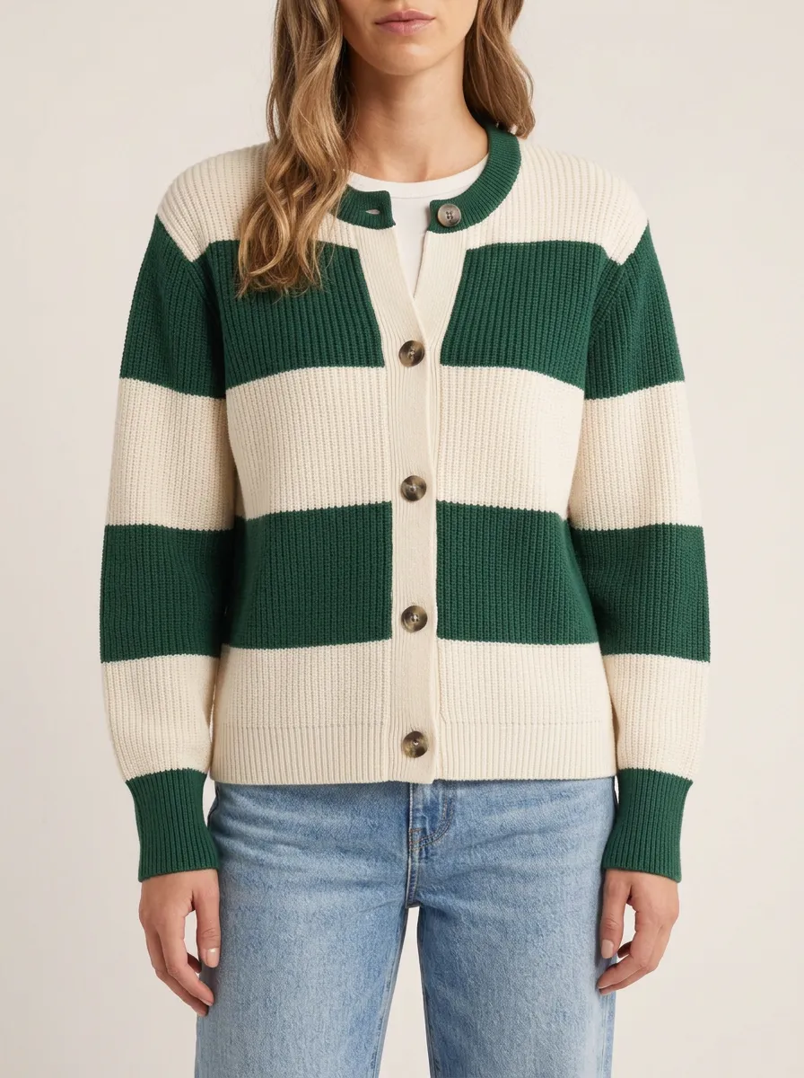 Sport Inspired Distinctive Rugby Striped Knit Cardigan