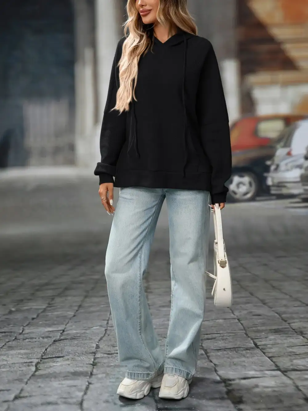 Refined Drawstring Pocketed Long-Sleeve Textured Hoodie