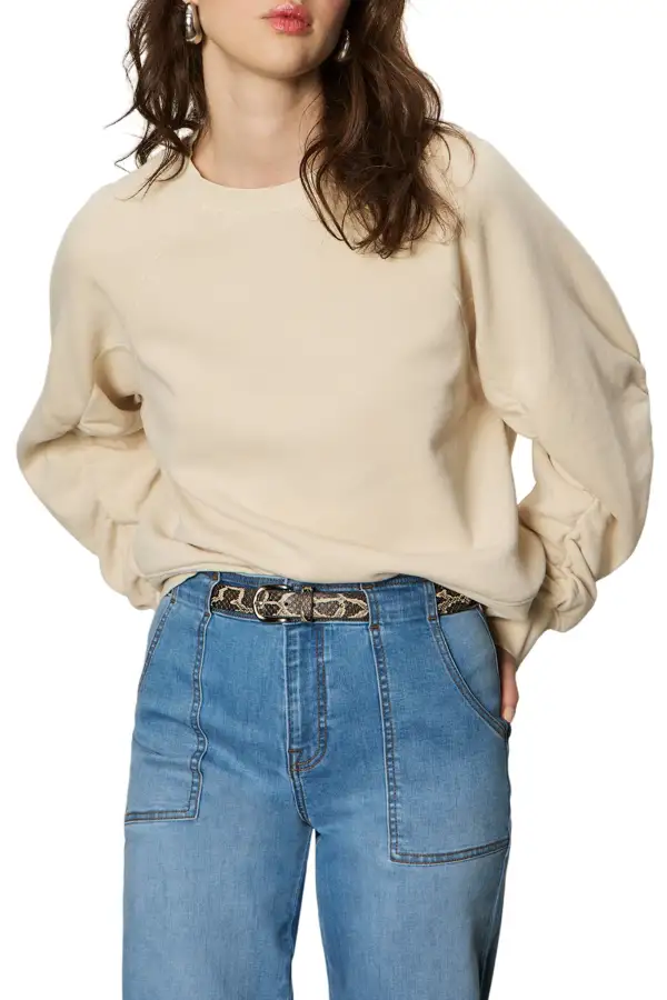 Ribbed Ruched Shirred Relaxed Sweatshirt