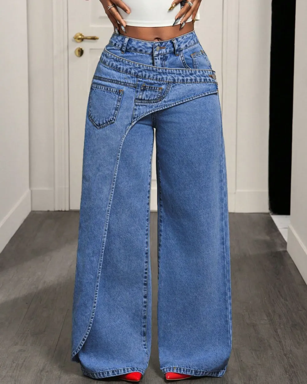 Asymmetric-Pocket Wide-Leg Jeans