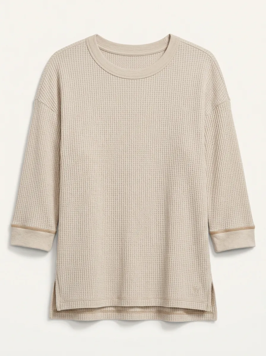 Women's Casual Beige Waffle Knit Crewneck 3/4 Sleeve Top