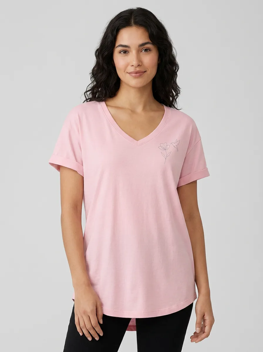 Women's Floral Hummingbird Minimalist Line Art Printed V-neck T-shirt