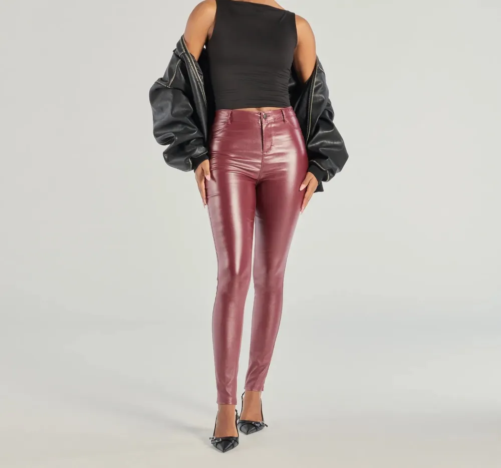 Wine Coated Faux Leather High-Rise Skinny Pants