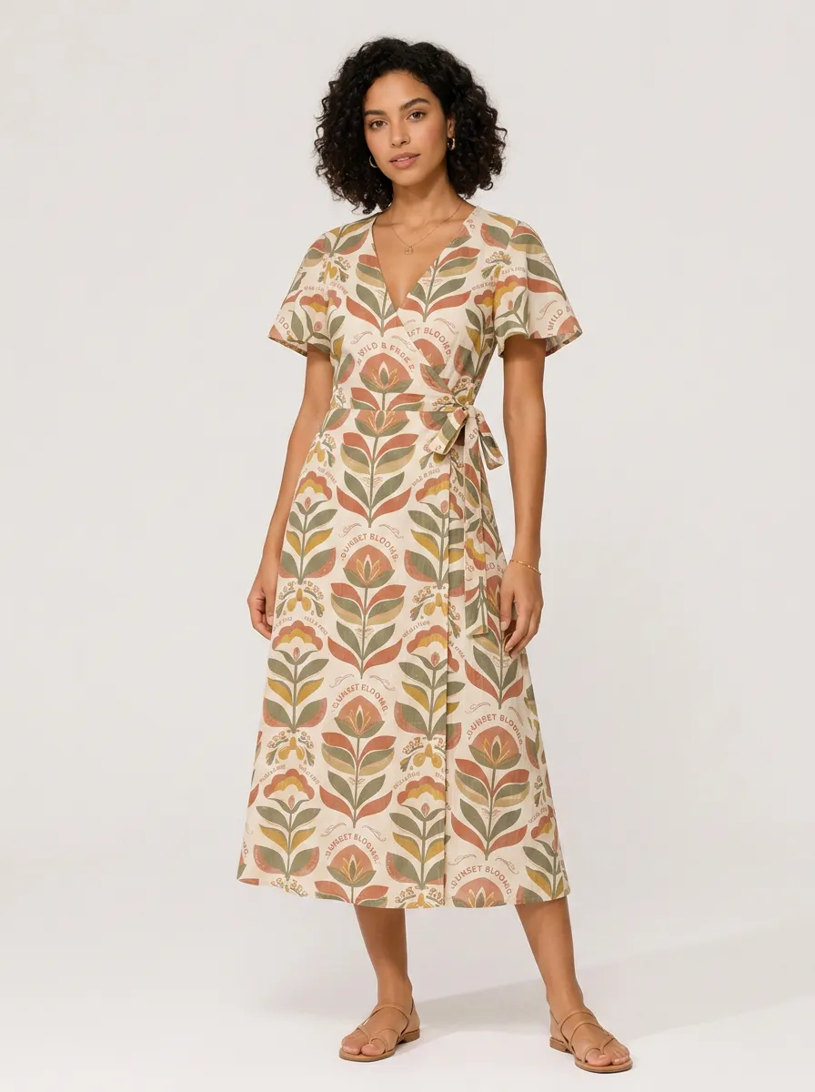 Women's Boho Floral Sunset Blooms Printed Wrap Dress