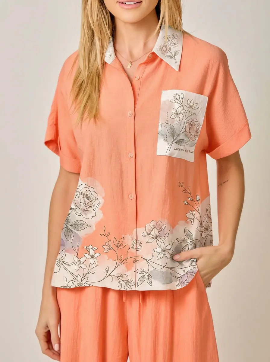 Women's Floral Garden Botanical Printed Button Down Shirt
