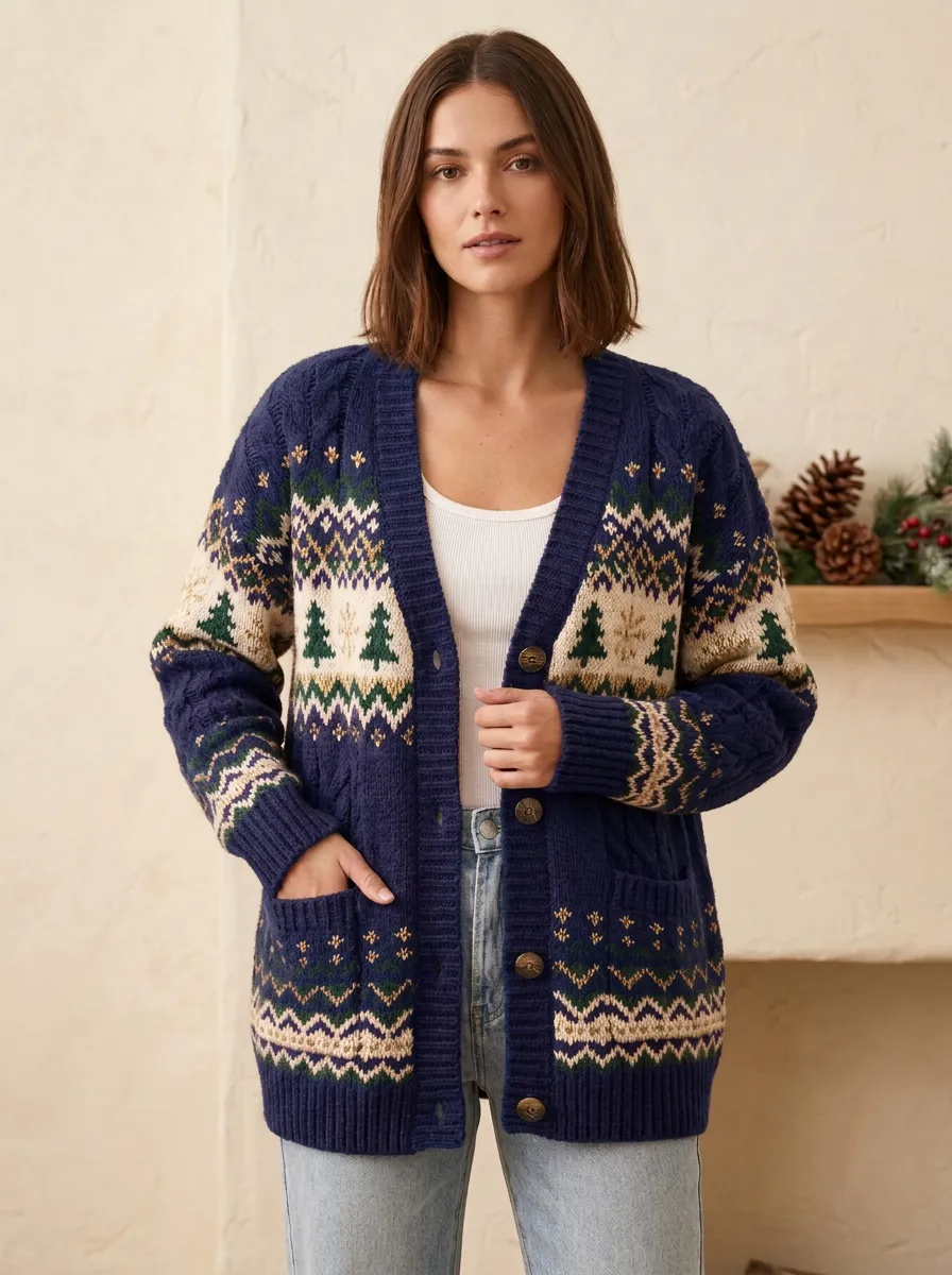Women's Christmas Holiday Fair Isle Tree Pattern Knitted Cardigan