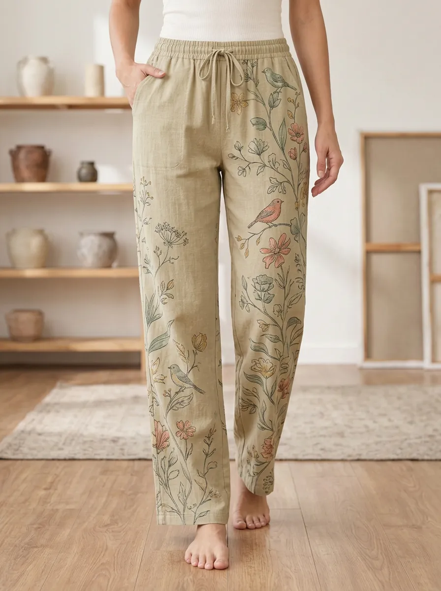 Women's Relaxed Nature Lover Bird and Floral Printed Pants