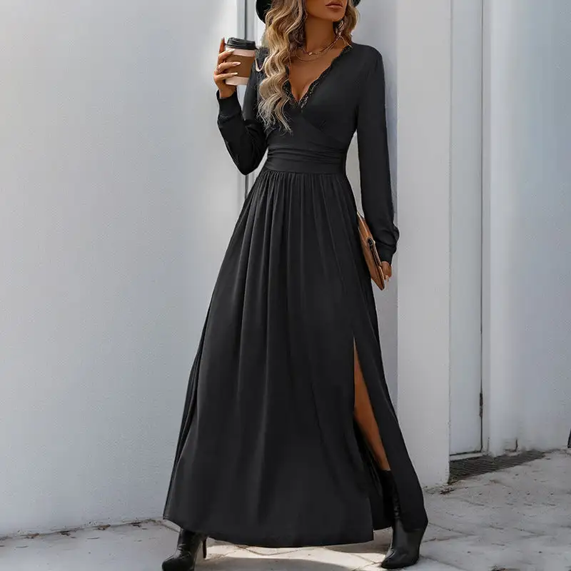 Women's V-Neck Long-Sleeve Slit Bridal Maxi Dress
