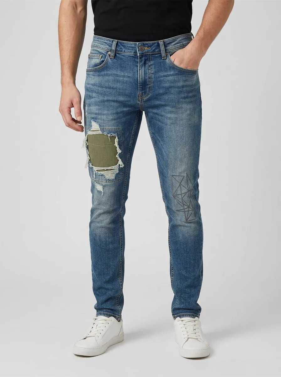 Men's Distressed Patchwork Geometric Graphic Slim-Fit Jeans