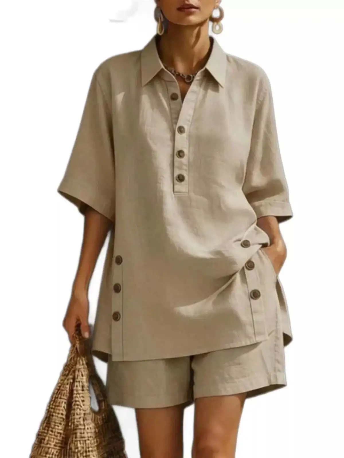 Pocketed Linen Shirt and Shorts Matching Set