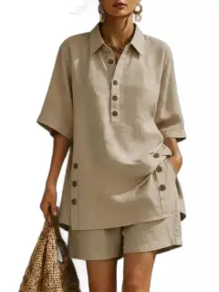 Pocketed Linen Shirt and Shorts Matching Set