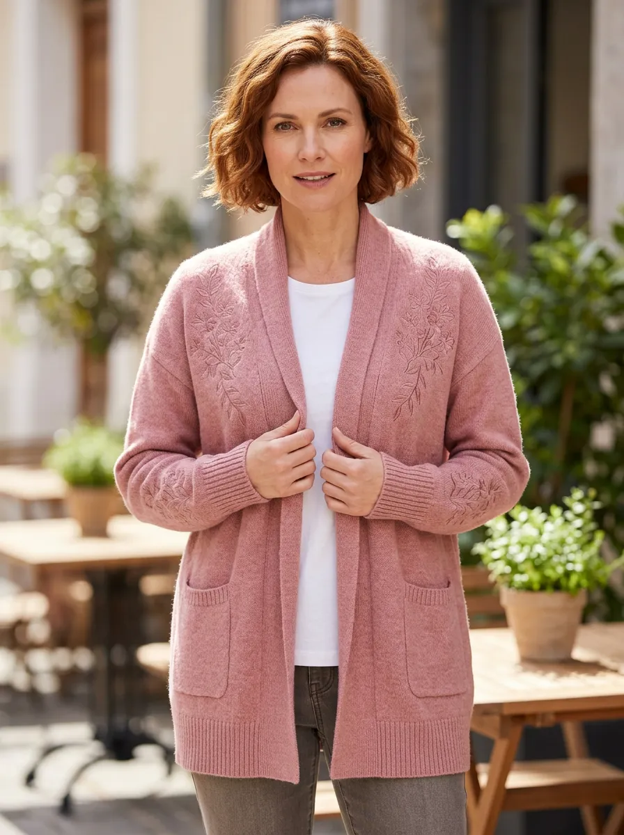 Women's Pink Floral Embroidered Open Front Knit Cardigan