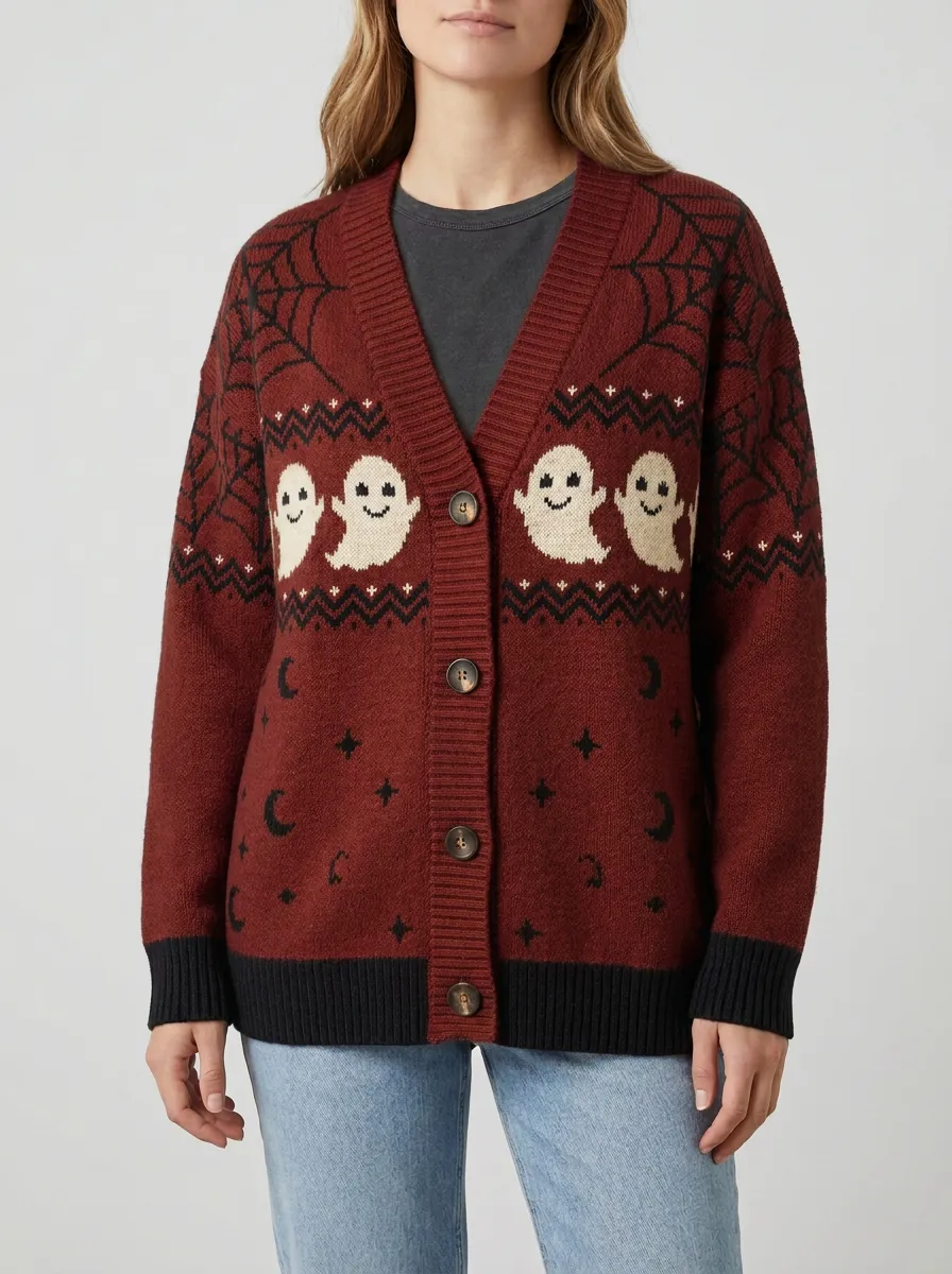 Women's Ghost Spiderweb Moon Halloween Knit Cardigan