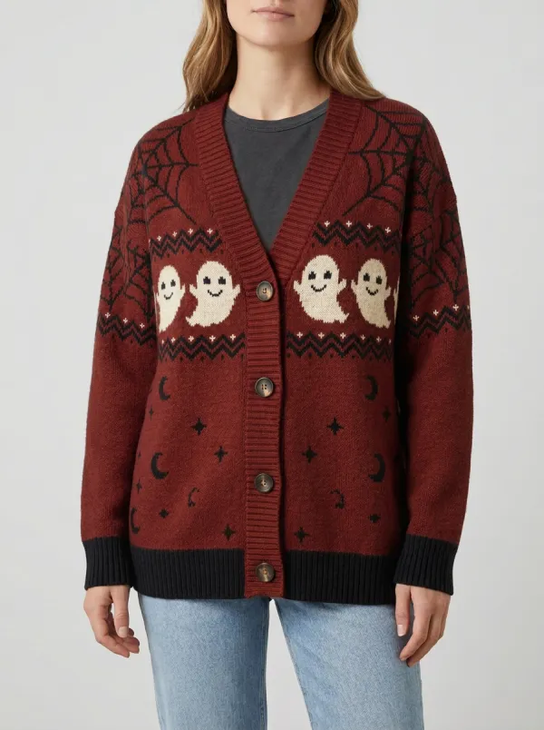 Women's Ghost Spiderweb Moon Halloween Knit Cardigan