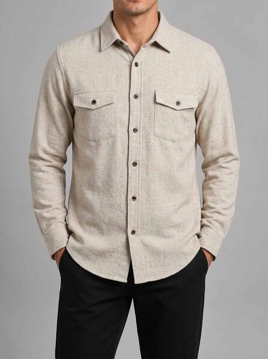 Men's Casual Beige Heathered Long Sleeve Button-Down Shirt