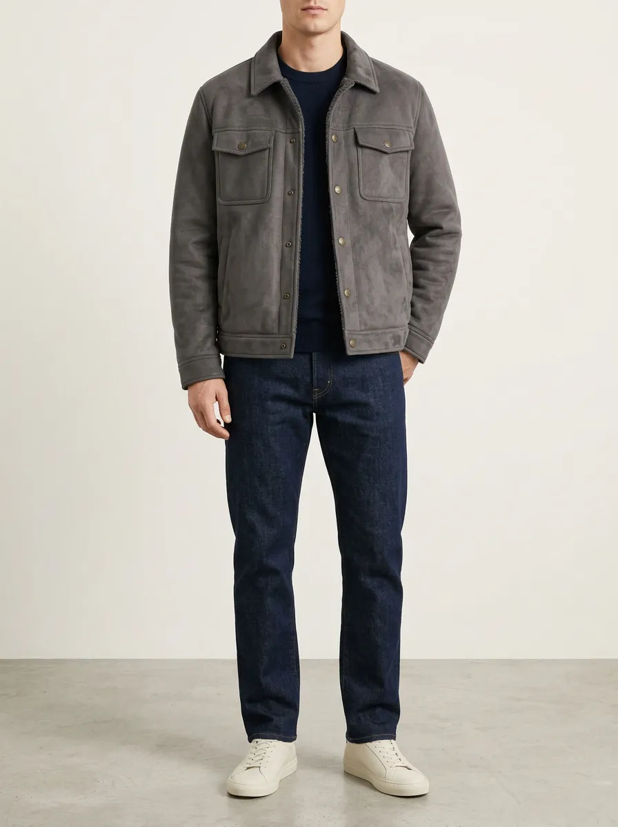 Men's Weekend Grey Faux-Suede Sherpa-Lined Casual Jacket