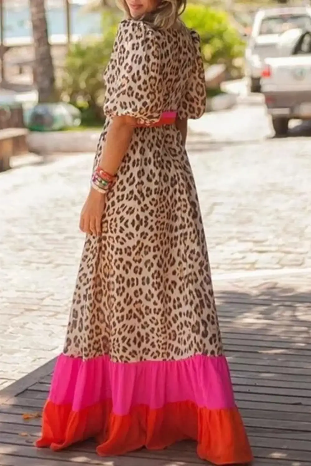 Bright Leopard Colorblock Patchwork Bubble Sleeve Maxi Dress