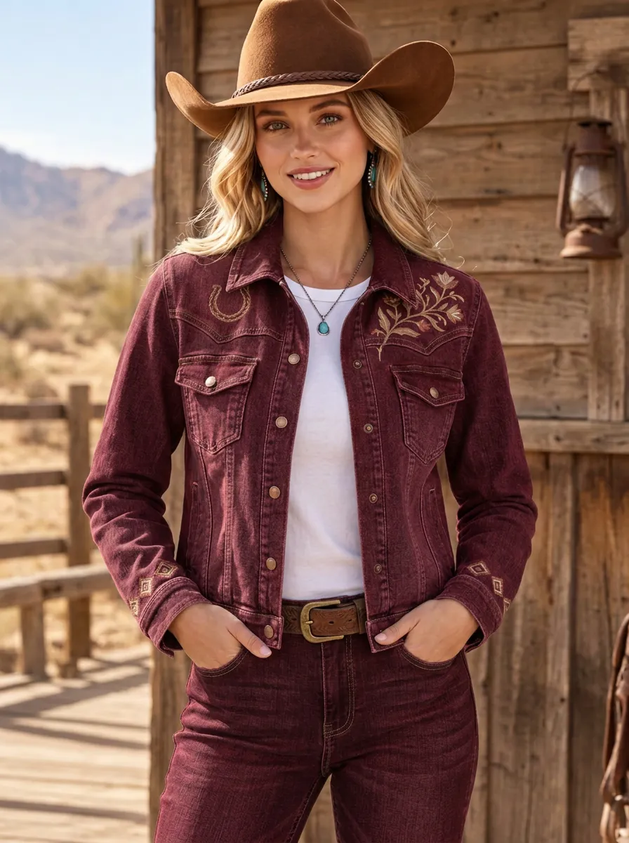Women's Ranch Inspired Western Cowgirl Horseshoe Horse Floral Embroidered Denim Jacket