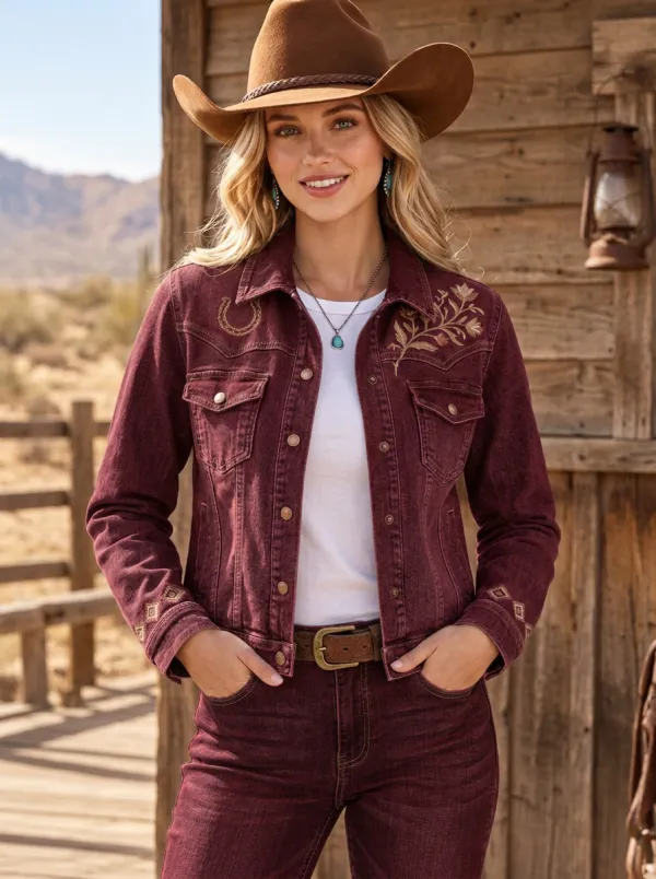 Women's Ranch Inspired Western Cowgirl Horseshoe Horse Floral Embroidered Denim Jacket
