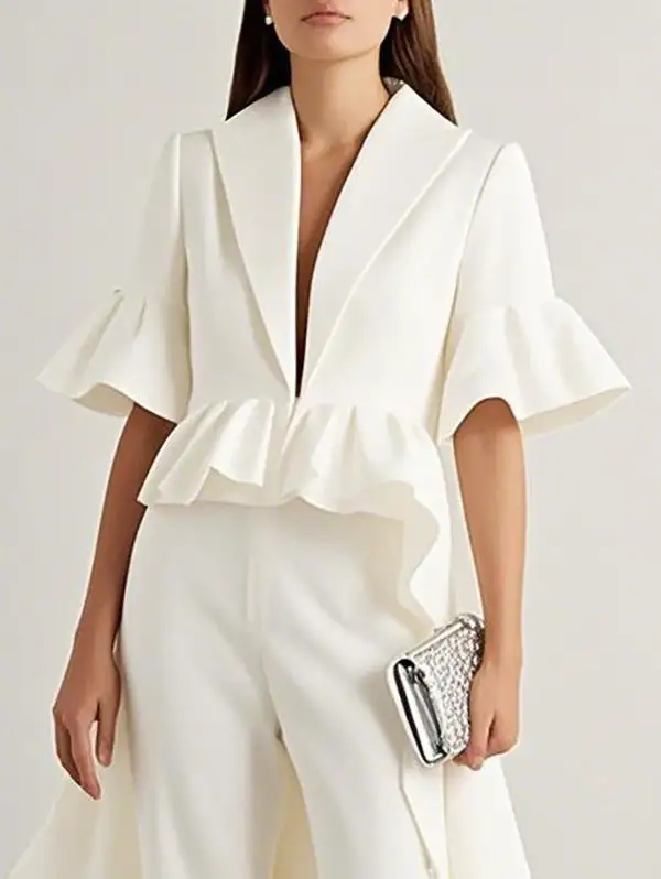 Flare Sleeve Half Ruffle Trim Solid Color Jacket