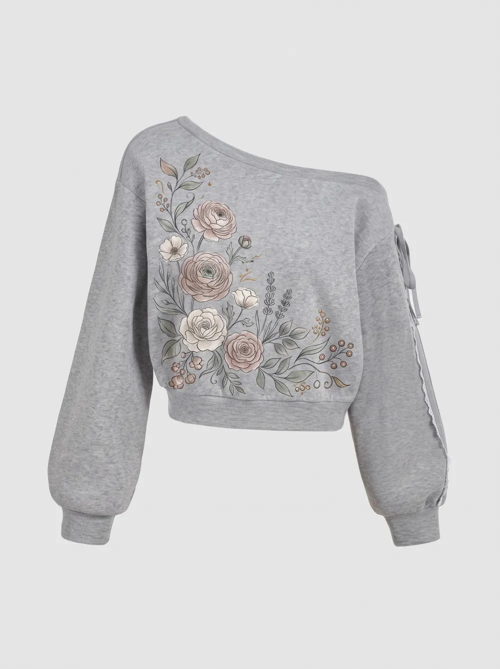 Women's Floral Lover Botanical Rose Printed One-Shoulder Sweatshirt