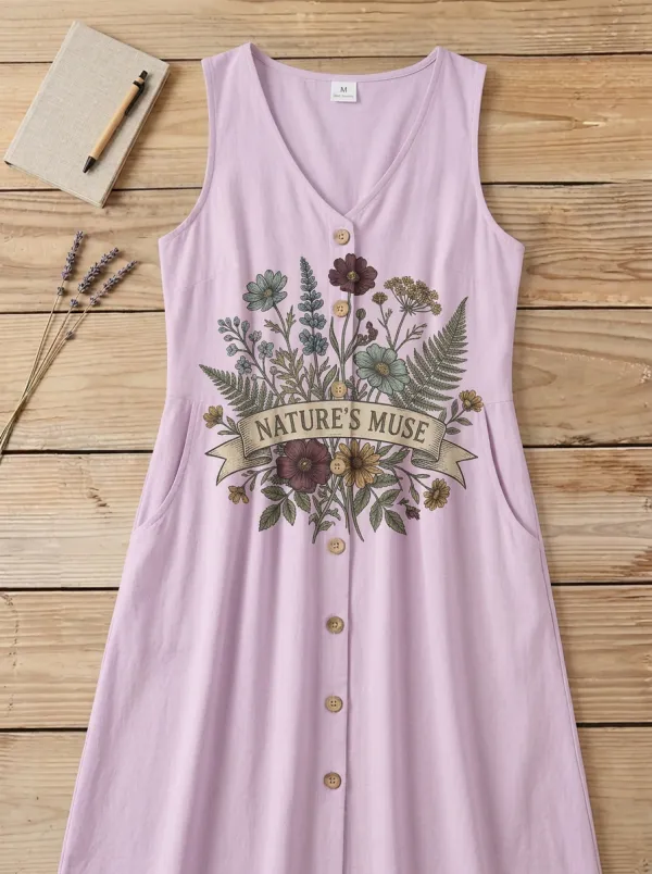 Nature Muse Botanical Flower Button Down Tank Dress