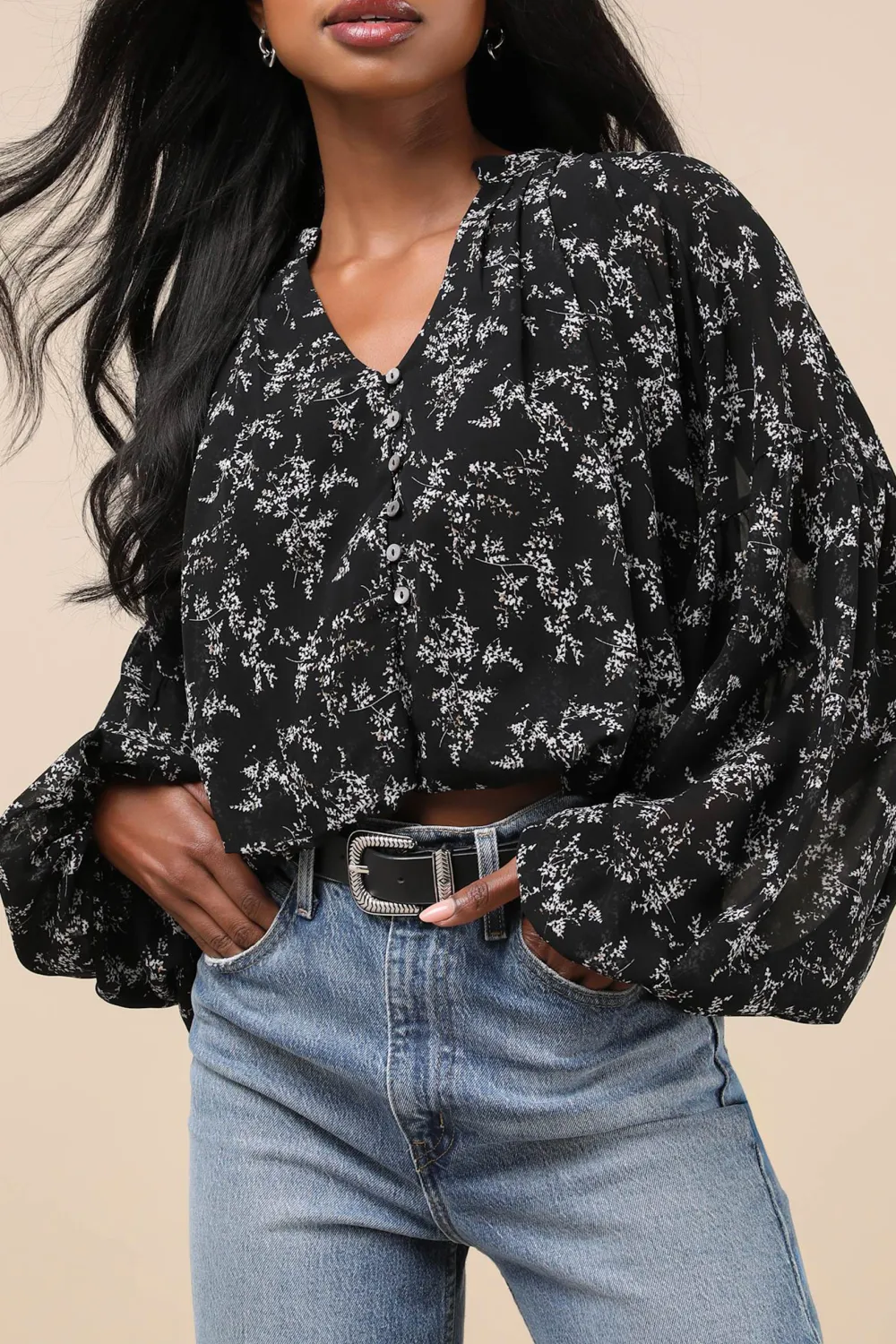 Casual Style Long Sleeve  Multi Floral Print Top