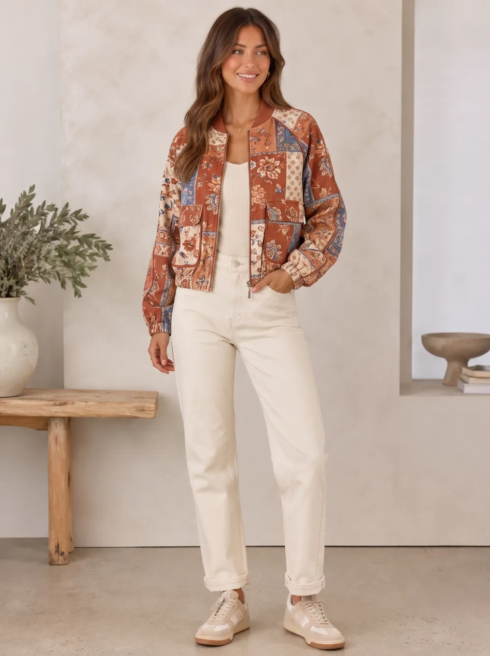 Women's Boho Floral Patchwork Ribbed Trim Bomber Jacket