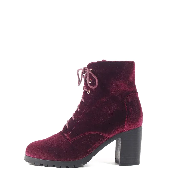 Velvet Lace Up Lug Sole Ankle Boots