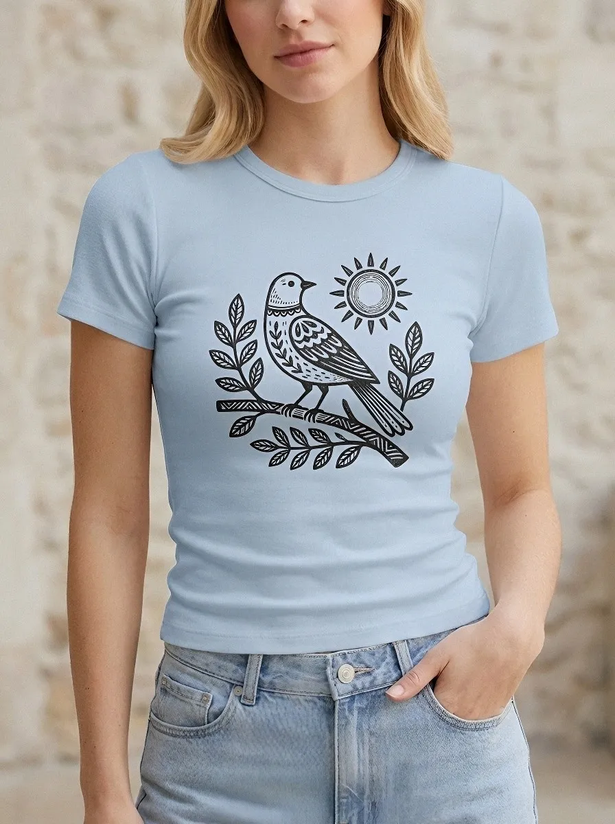Women's Nature Lover Bird Sun Branch Printed T-shirt