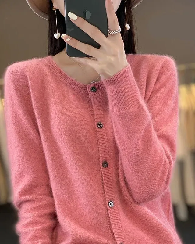 Classic Mink-Cashmere Cashmere Button-Front Crew-Neck Cardigan