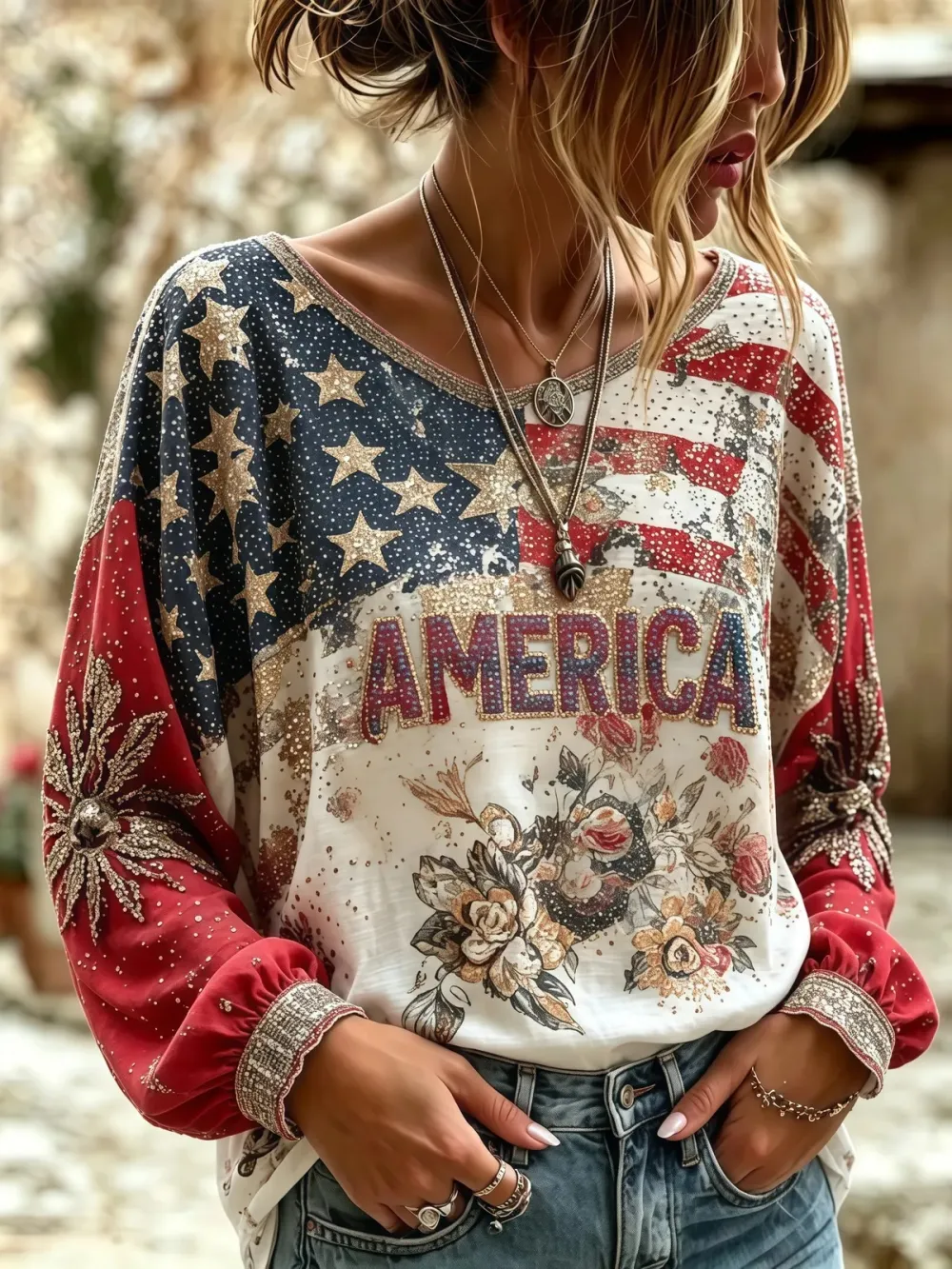 Women'S American Flag  Cotton-Linen Shirt