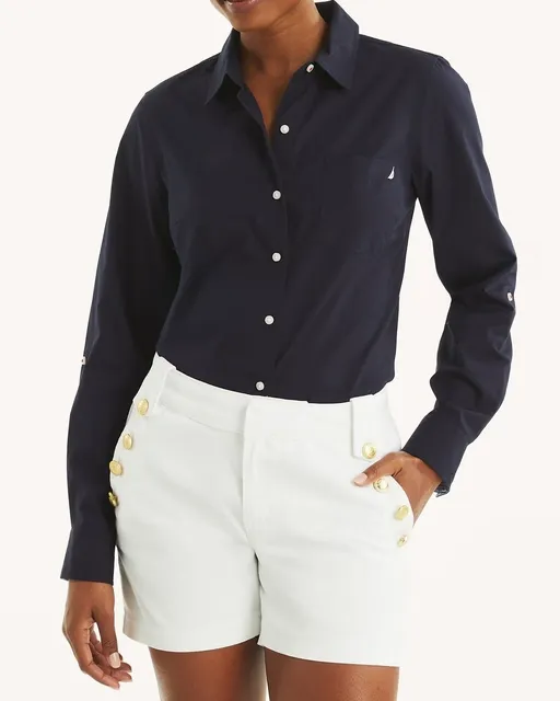 Navy Long Sleeve Solid Embroidered Shirt