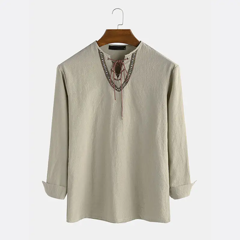 Men's Linen Tunic Shirt With Lacing And Ethnic Border