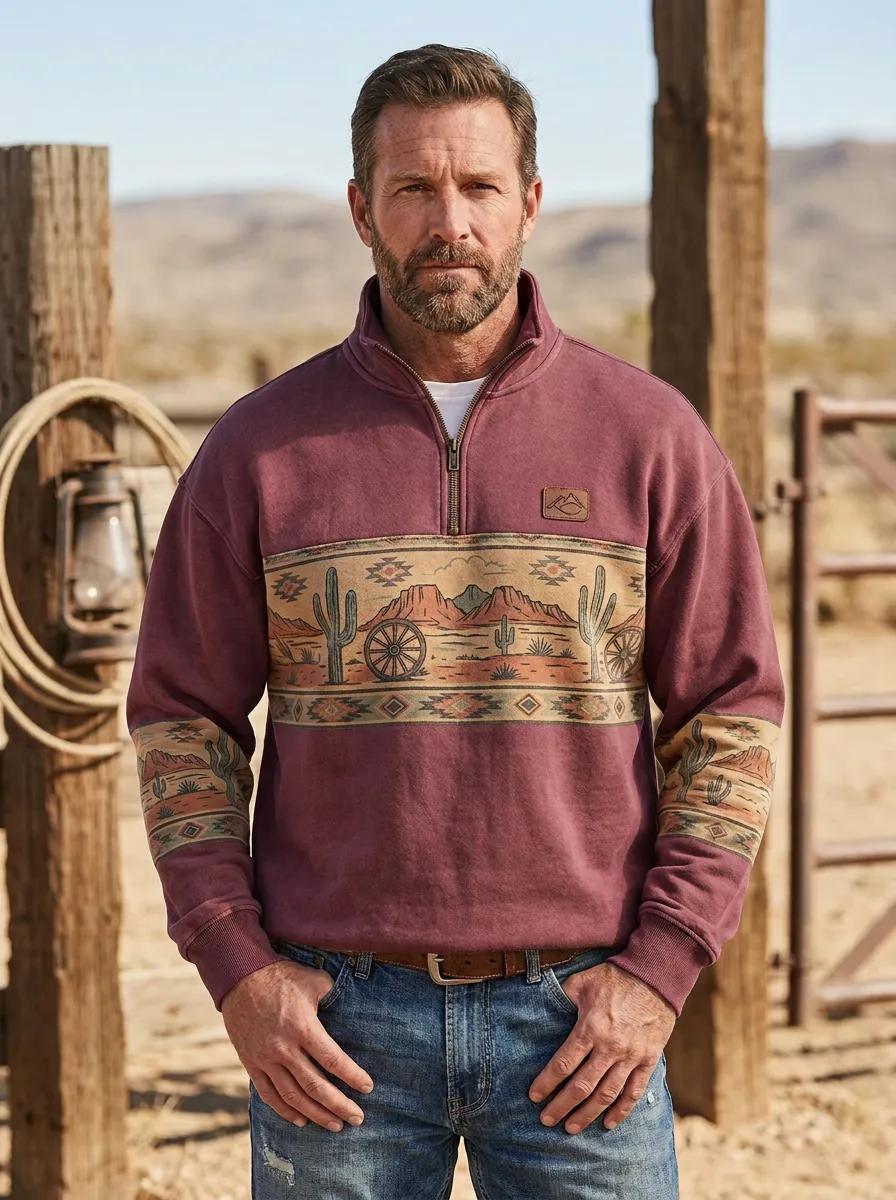 Men's Western Cactus Desert Wagon Half-Zip Sweatshirt