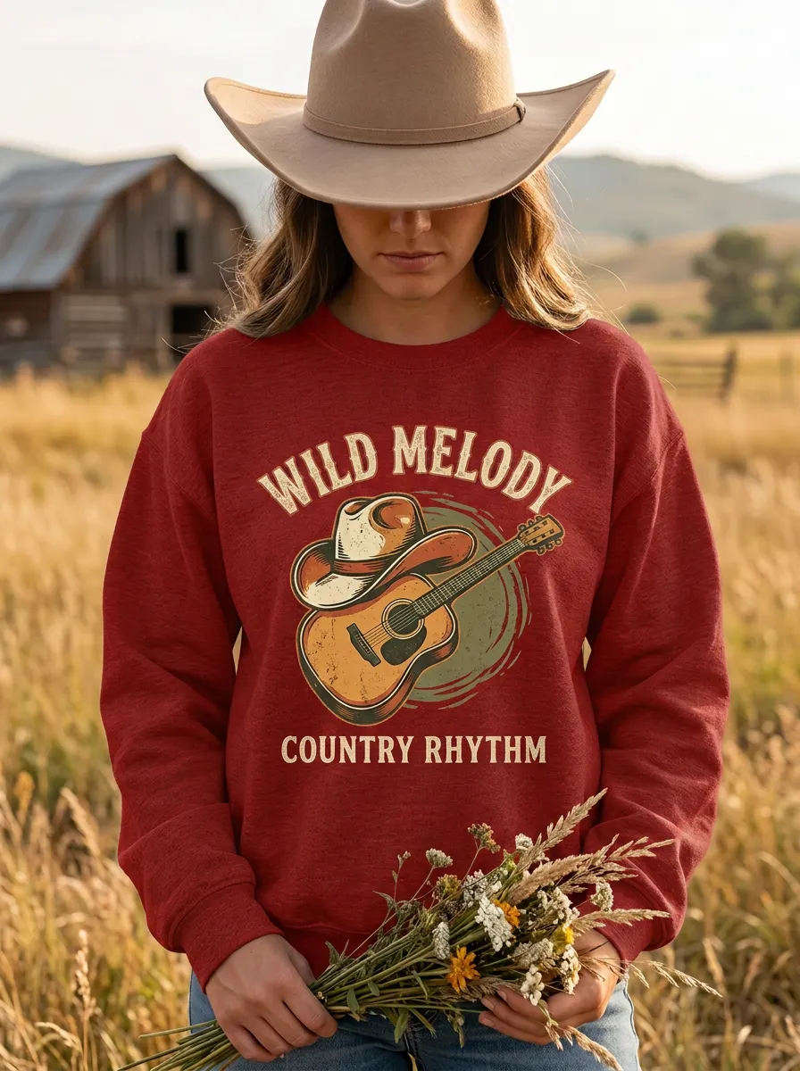 Country Music Cowboy Hat Guitar Crew Neck Sweatshirt