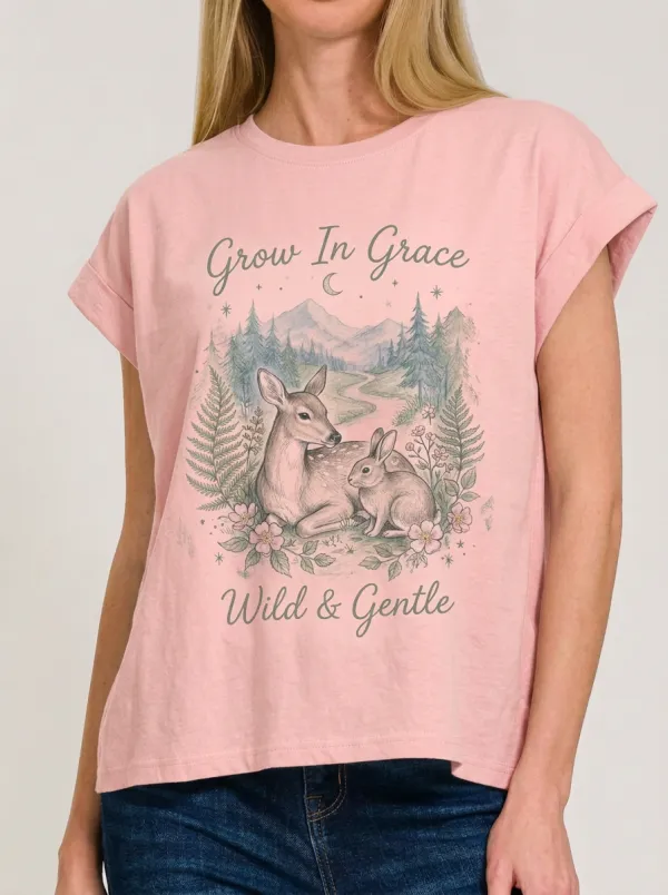Women's Nature Lover Deer Rabbit Forest Printed T-shirt