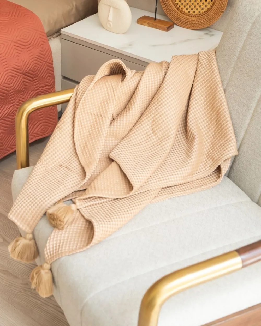 Beige Honeycomb Woven Throw With Tassels