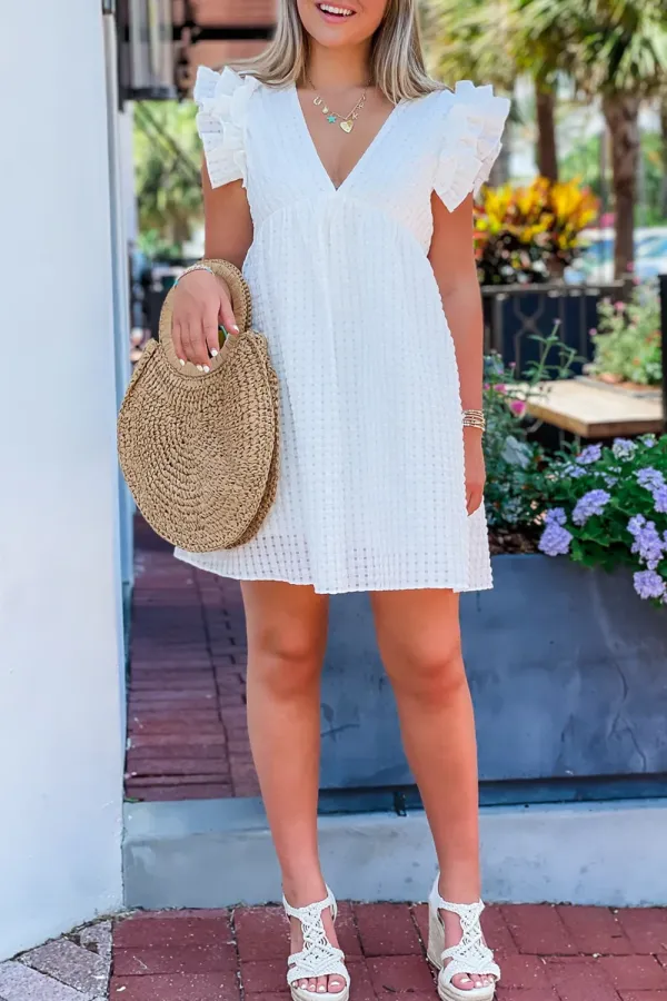 White V-Neck Short Dress With Small Flying Sleeves