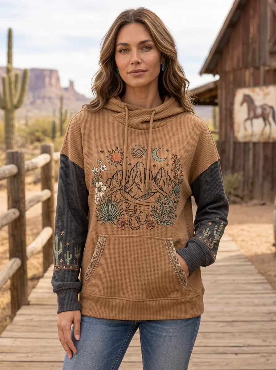 Women's Western Desert Mountain Cactus Printed Hoodie