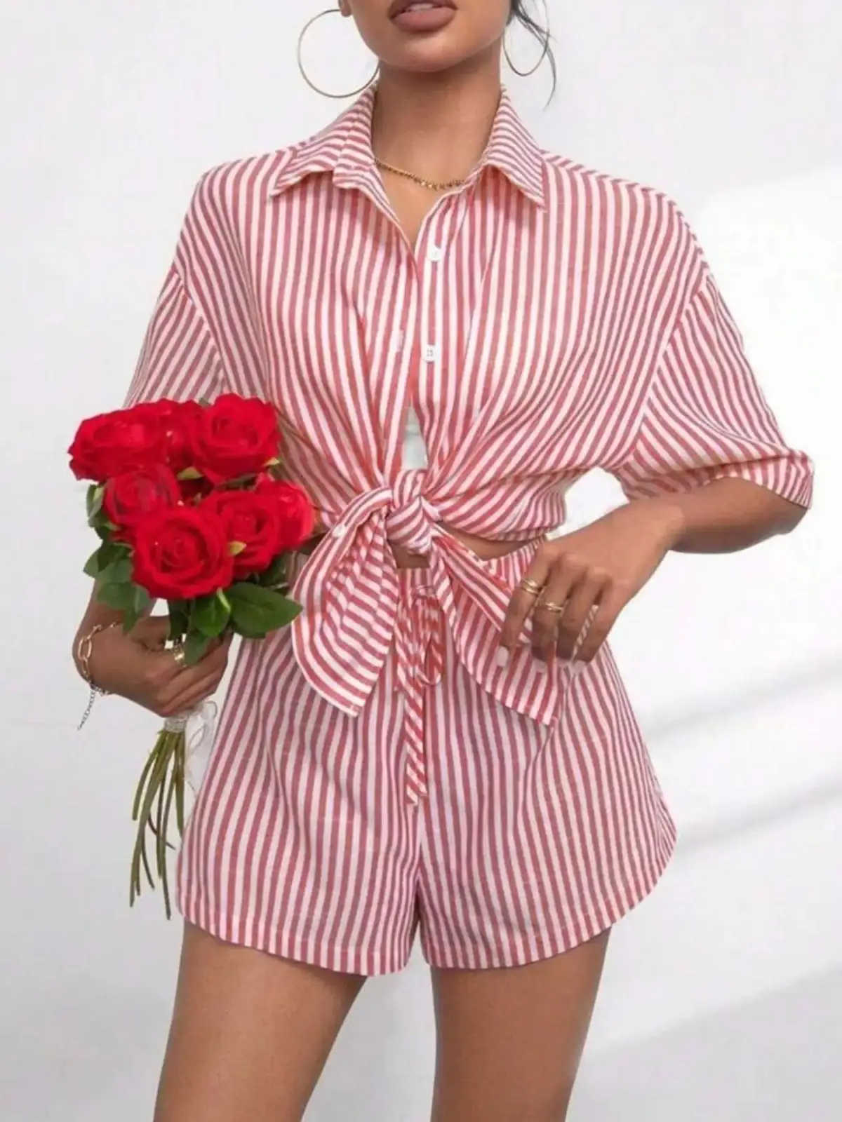 Refined Striped Shirt and Shorts Matching Set
