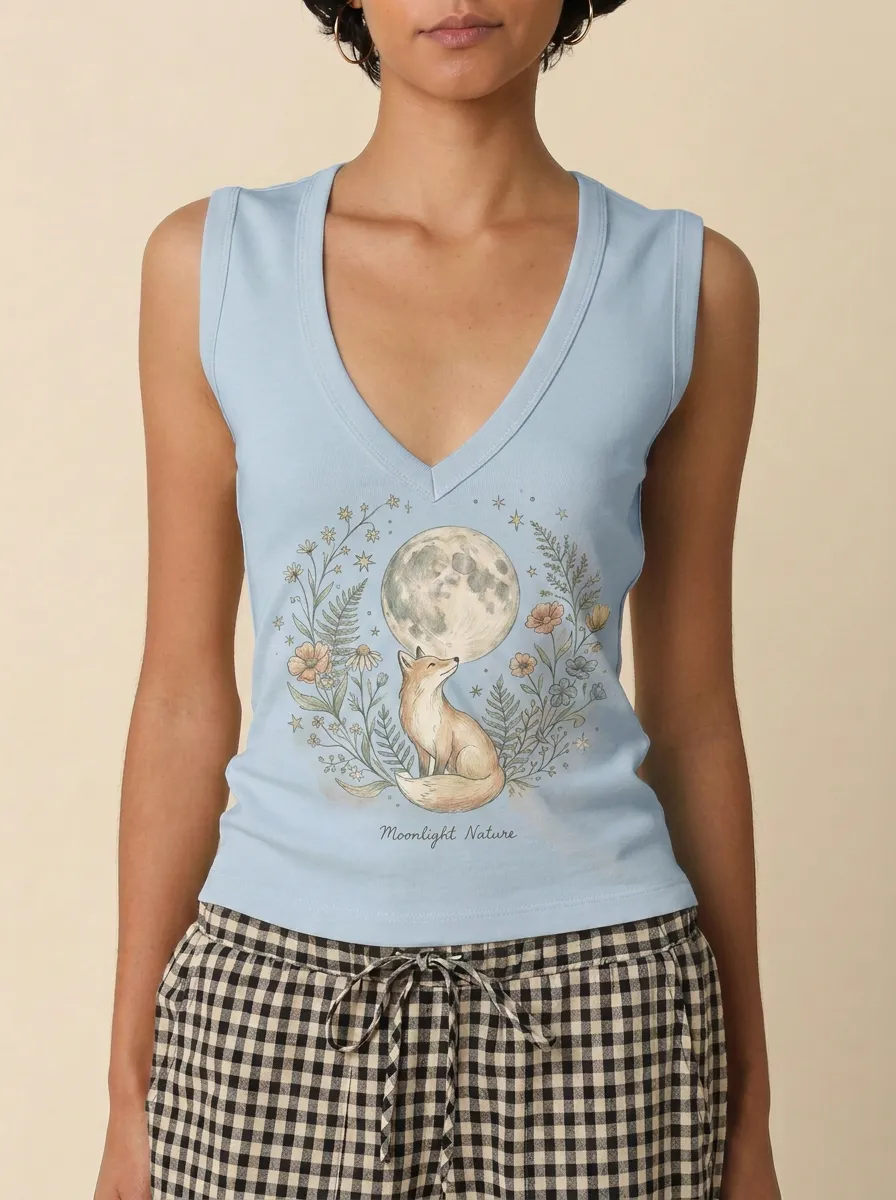 Women's Moonlight Nature Fox Floral Moon Printed Tank Top