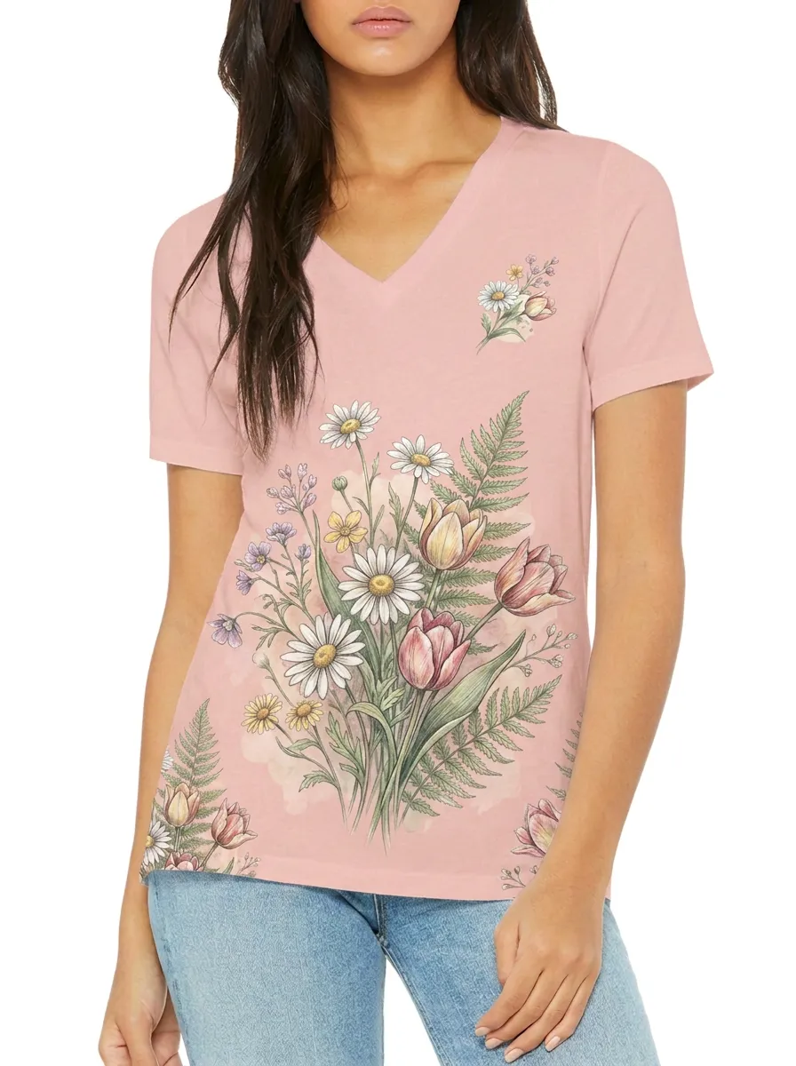 Women's Botanical Nature Lover Daisy Tulip Fern Printed V-neck T-shirt