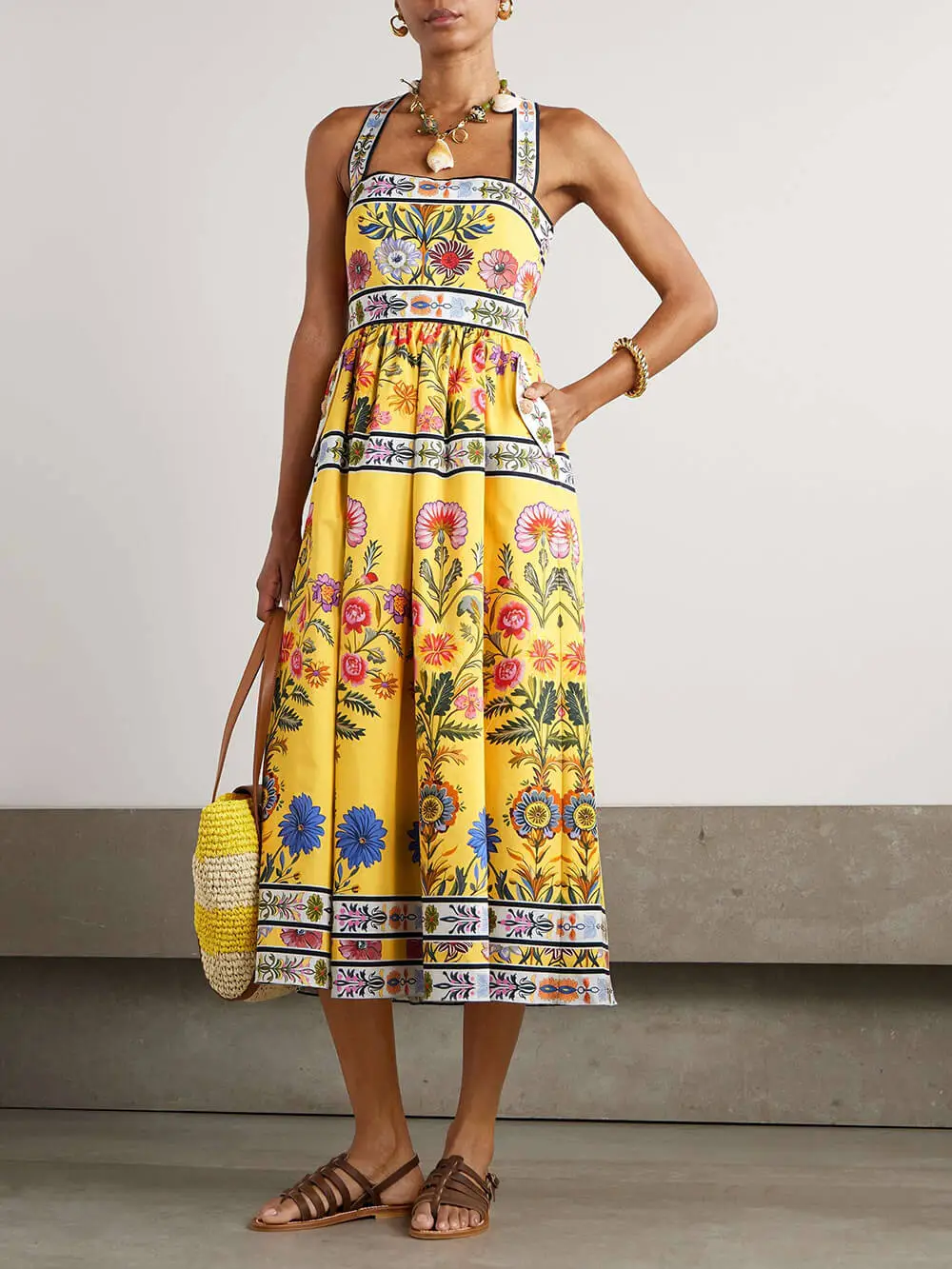Satin Floral Print Racerback With Pockets Midi Dress