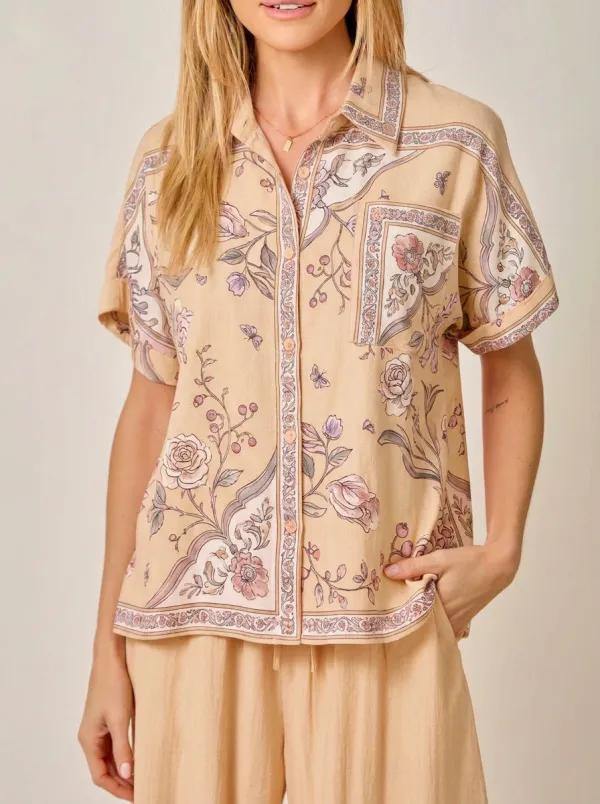 Women's Floral Butterfly Pattern Peach Printed Button-up Shirt